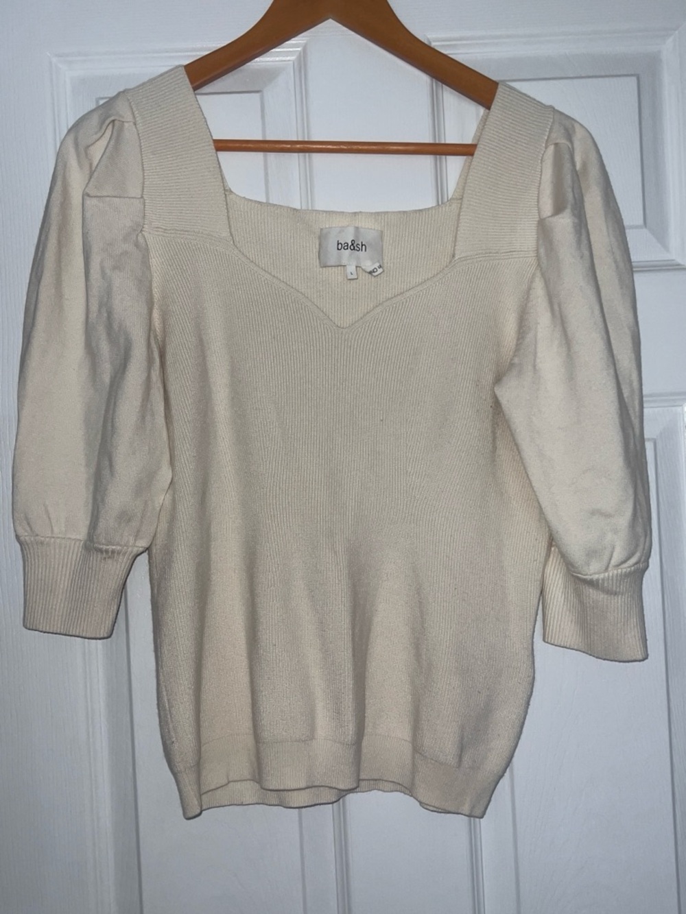 ba&sh Cream V-Neck Puff Sleeve Sweater